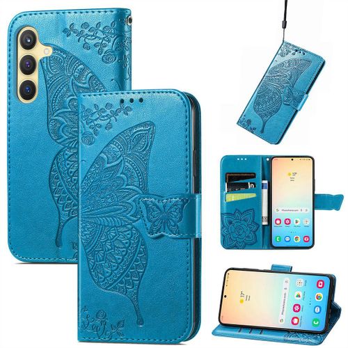 Saturcase Coque Pour Samsung Galaxy S24, Papillon Fleurs Pu Cuir Magnétique Flip Portefeuille Support Porte-Carte Protecteur Housse Étui Avec Dragonne Pour Samsung Galaxy S24 (Hf-Bleu)