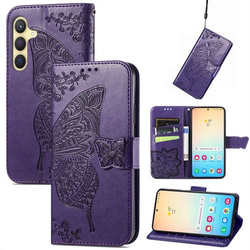 Saturcase Coque Pour Samsung Galaxy S24, Papillon Fleurs Pu Cuir Magnétique Flip Portefeuille Support Porte-Carte Protecteur Housse Étui Avec Dragonne Pour Samsung Galaxy S24 (Hf-Violet)