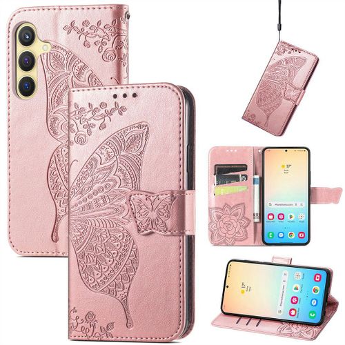 Saturcase Coque Pour Samsung Galaxy S24, Papillon Fleurs Pu Cuir Magnétique Flip Portefeuille Support Porte-Carte Protecteur Housse Étui Avec Dragonne Pour Samsung Galaxy S24 (Hf-Or Rose)