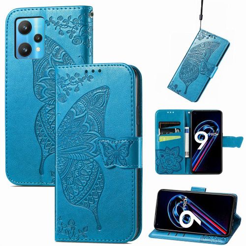 Saturcase Coque Pour Realme 9 Pro Plus / Realme 9 4g, Papillon Fleurs Pu Cuir Magnétique Flip Portefeuille Support Porte-Carte Protecteur Housse Étui Avec Dragonne Pour Realme 9 Pro Plus / Realme 9 4g (Hf-Bleu)