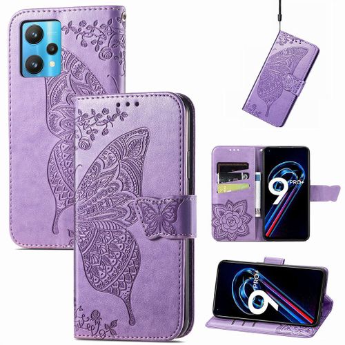 Saturcase Coque Pour Realme 9 Pro Plus / Realme 9 4g, Papillon Fleurs Pu Cuir Magnétique Flip Portefeuille Support Porte-Carte Protecteur Housse Étui Avec Dragonne Pour Realme 9 Pro Plus / Realme 9 4g (Hf-Lavande)