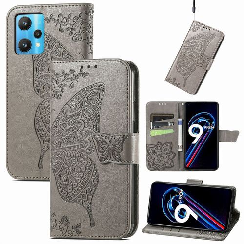 Saturcase Coque Pour Realme 9 Pro Plus / Realme 9 4g, Papillon Fleurs Pu Cuir Magnétique Flip Portefeuille Support Porte-Carte Protecteur Housse Étui Avec Dragonne Pour Realme 9 Pro Plus / Realme 9 4g (Hf-Gris)