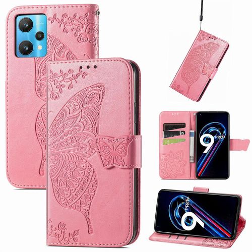Saturcase Coque Pour Realme 9 Pro Plus / Realme 9 4g, Papillon Fleurs Pu Cuir Magnétique Flip Portefeuille Support Porte-Carte Protecteur Housse Étui Avec Dragonne Pour Realme 9 Pro Plus / Realme 9 4g (Hf-Pink)