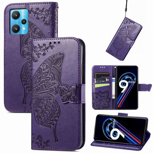 Saturcase Coque Pour Realme 9 Pro Plus / Realme 9 4g, Papillon Fleurs Pu Cuir Magnétique Flip Portefeuille Support Porte-Carte Protecteur Housse Étui Avec Dragonne Pour Realme 9 Pro Plus / Realme 9 4g (Hf-Violet)