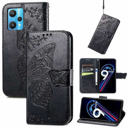 Saturcase Coque Pour Realme 9 Pro Plus / Realme 9 4g, Papillon Fleurs Pu Cuir Magnétique Flip Portefeuille Support Porte-Carte Protecteur Housse Étui Avec Dragonne Pour Realme 9 Pro Plus / Realme 9 4g (Hf-Noir)