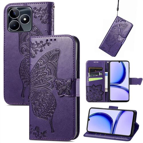 Saturcase Coque Pour Realme C53, Papillon Fleurs Pu Cuir Magnétique Flip Portefeuille Support Porte-Carte Protecteur Housse Étui Avec Dragonne Pour Realme C53 (Hf-Violet)