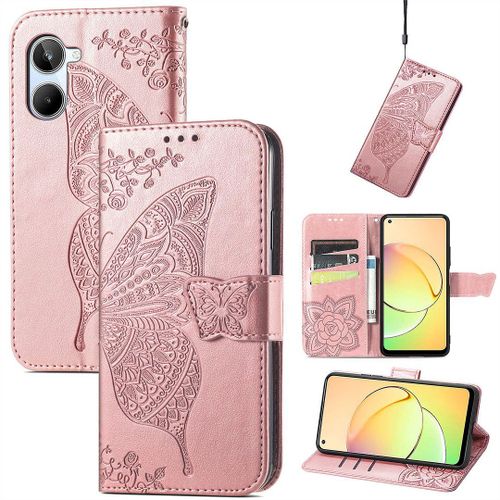 Saturcase Coque Pour Realme 10 4g, Papillon Fleurs Pu Cuir Magnétique Flip Portefeuille Support Porte-Carte Protecteur Housse Étui Avec Dragonne Pour Realme 10 4g (Hf-Or Rose)