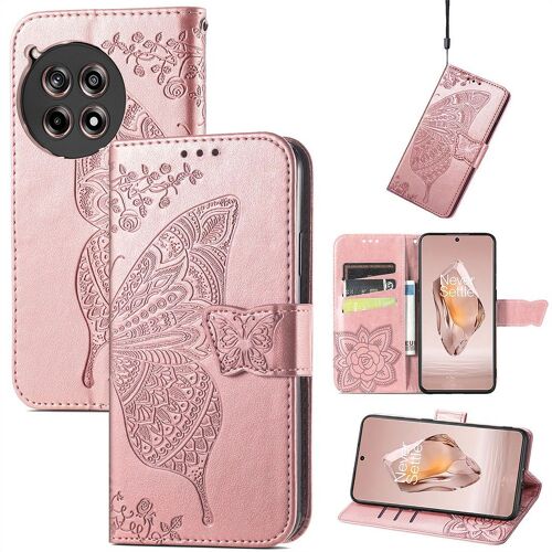 Saturcase Coque Pour Oneplus Ace 3 / Oneplus 12r, Papillon Fleurs Pu Cuir Magnétique Flip Portefeuille Support Porte-Carte Protecteur Housse Étui Avec Dragonne Pour Oneplus Ace 3 / Oneplus 12r (Hf-Or Rose)