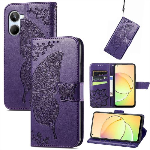Saturcase Coque Pour Realme 10 4g, Papillon Fleurs Pu Cuir Magnétique Flip Portefeuille Support Porte-Carte Protecteur Housse Étui Avec Dragonne Pour Realme 10 4g (Hf-Violet)