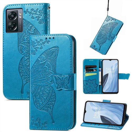 Saturcase Coque Pour Oneplus Nord N300, Papillon Fleurs Pu Cuir Magnétique Flip Portefeuille Support Porte-Carte Protecteur Housse Étui Avec Dragonne Pour Oneplus Nord N300 (Hf-Bleu)