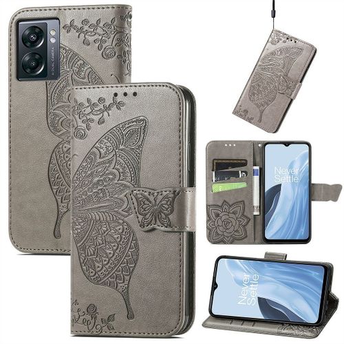 Saturcase Coque Pour Oneplus Nord N300, Papillon Fleurs Pu Cuir Magnétique Flip Portefeuille Support Porte-Carte Protecteur Housse Étui Avec Dragonne Pour Oneplus Nord N300 (Hf-Gris)