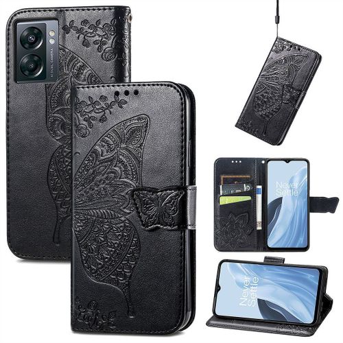 Saturcase Coque Pour Oneplus Nord N300, Papillon Fleurs Pu Cuir Magnétique Flip Portefeuille Support Porte-Carte Protecteur Housse Étui Avec Dragonne Pour Oneplus Nord N300 (Hf-Noir)
