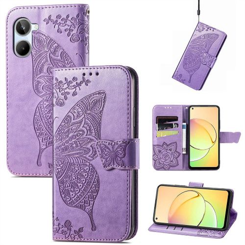 Saturcase Coque Pour Realme 10 4g, Papillon Fleurs Pu Cuir Magnétique Flip Portefeuille Support Porte-Carte Protecteur Housse Étui Avec Dragonne Pour Realme 10 4g (Hf-Lavande)