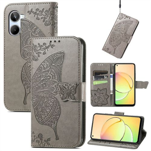 Saturcase Coque Pour Realme 10 4g, Papillon Fleurs Pu Cuir Magnétique Flip Portefeuille Support Porte-Carte Protecteur Housse Étui Avec Dragonne Pour Realme 10 4g (Hf-Gris)