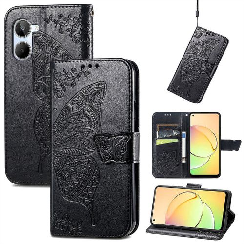 Saturcase Coque Pour Realme 10 4g, Papillon Fleurs Pu Cuir Magnétique Flip Portefeuille Support Porte-Carte Protecteur Housse Étui Avec Dragonne Pour Realme 10 4g (Hf-Noir)