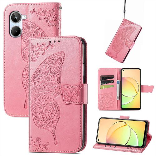 Saturcase Coque Pour Realme 10 4g, Papillon Fleurs Pu Cuir Magnétique Flip Portefeuille Support Porte-Carte Protecteur Housse Étui Avec Dragonne Pour Realme 10 4g (Hf-Pink)