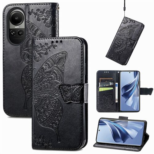 Saturcase Coque Pour Oppo Reno 10, Papillon Fleurs Pu Cuir Magnétique Flip Portefeuille Support Porte-Carte Protecteur Housse Étui Avec Dragonne Pour Oppo Reno 10 (Hf-Noir)