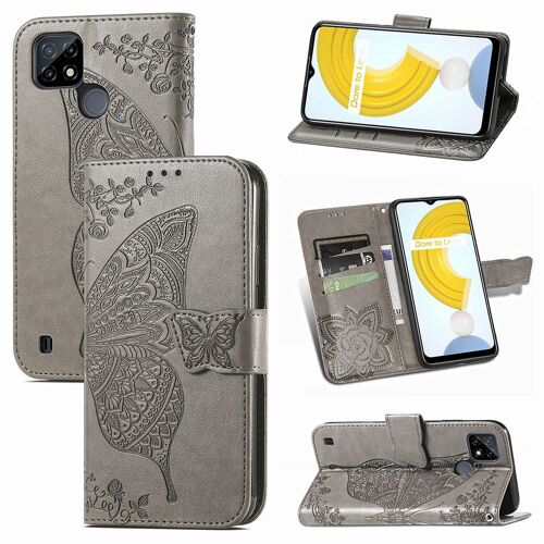 Saturcase Coque Pour Realme C21y C25y, Papillon Fleurs Pu Cuir Magnétique Flip Portefeuille Support Porte-Carte Protecteur Housse Étui Avec Dragonne Pour Realme C21y C25y (Hf-Gris)