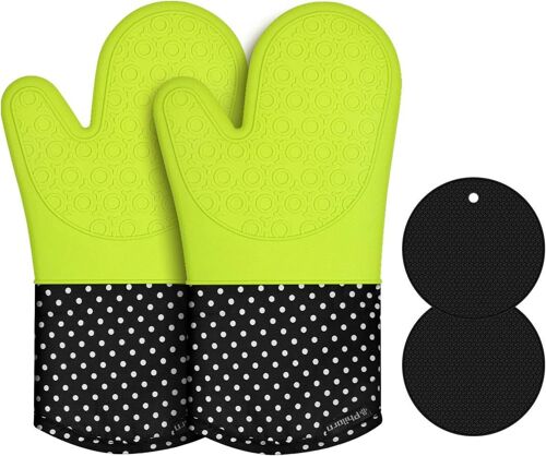 KALANKA-Gants de Cuisine Résistant 230 °C Gants de Four Gants en Silicone avec 2 maniques Gants Résistants à la Chaleur et Etanches pour Le Four (Néon Vert)
