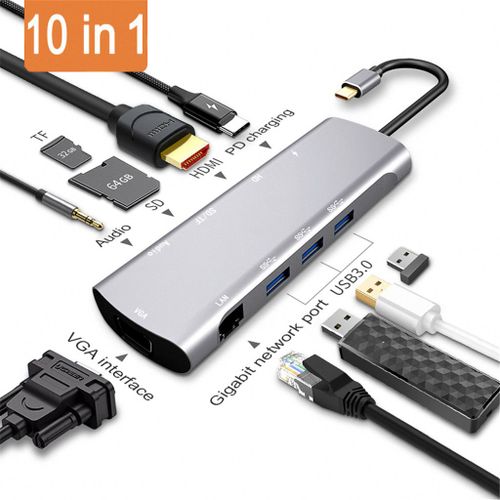 Station d'accueil multifonction de type C vers HDMI 10 en 1 Charge rapide avec hub Usb PD Hub USB 14