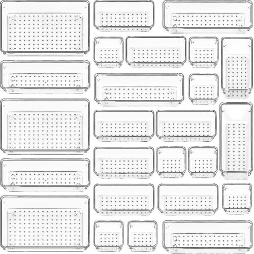 25 Pcs Clear Plastic Drawer Organizers Set, 4-size Versatile Salle de bain et Vanity Drawer Organizer Tr