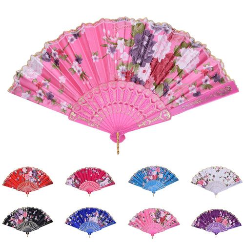 1 Pi¿¿Ces 8 Couleurs Chinois Vintage Fantaisie Pliant Ventilateur Main En Plastique Dentelle Soie Fleur Danse Fans F¿ºte Fournitures Pour Les Femmes Cadeau