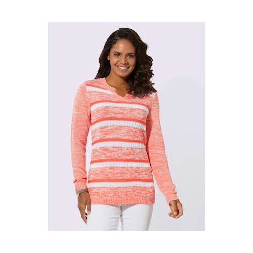 Pull À Manches Longues Encolure Ronde Avec V Ouvert - Collection L - Corail-Blanc À Motifs