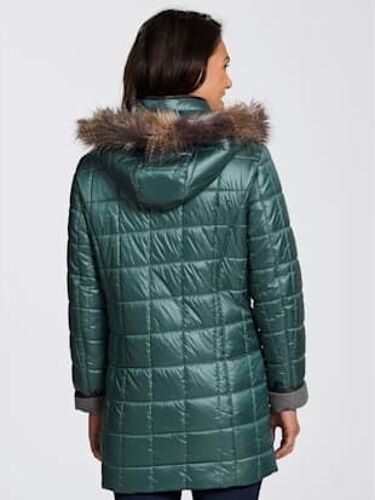 Doudoune Brillante Col À Revers Capuche Imitation Fourrure - Collection L - Vert Jade