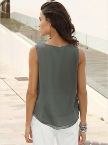 Top Femme Évasé Avec Encolure Ronde Plissée - - Kaki