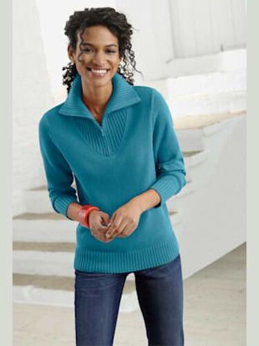 Pull En Maille Côtelée Col Montant À Glissière - Collection L - Bleu Pétrole