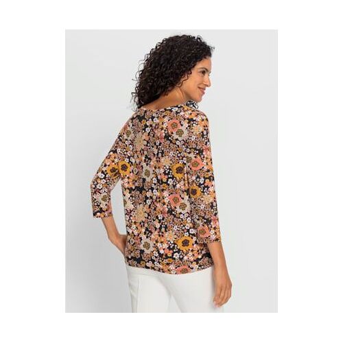 T-Shirt En V Viscose - - Noir-Papaye Imprimé