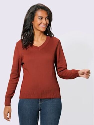 Pull Femme Coupe Classique Col En V Finitions Côtelées - Collection L - Rouille