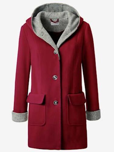 Manteau Imitation Laine Poches Plaquées À Rabat Avec Capuche - Collection L - Cerise