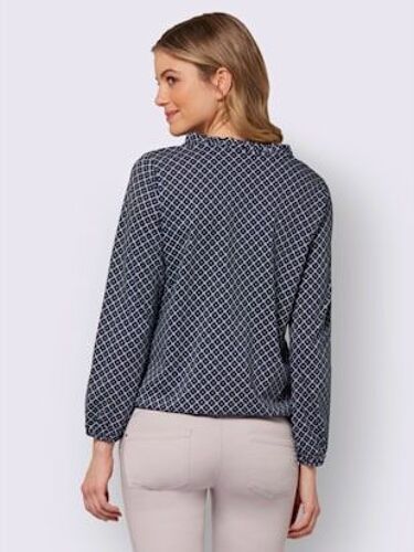 T-Shirt Col En V Volantée Manches Longues Avec Ourlet Élastique - - Marine-Blanc