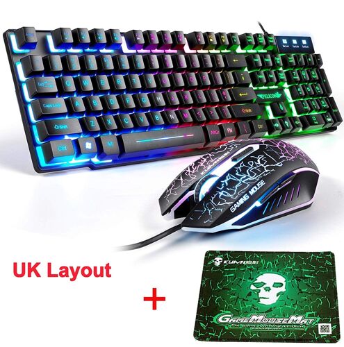 Ensemble clavier et souris de jeu LexonElec T8 UK Layout Clavier de jeu ergonomique Rainbow rétroéclairé Rainbow + 2400DPI 6 bout
