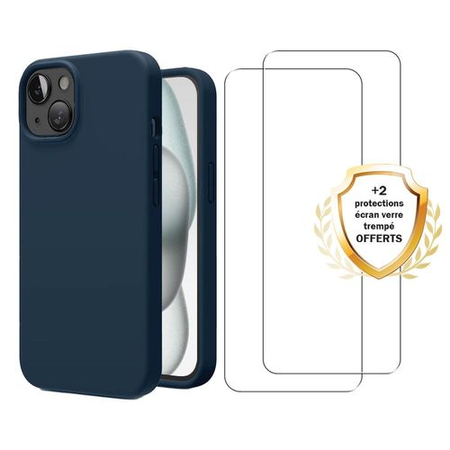 Coque Iphone 15 Silicone Liquide Bleue Marine + 2 Vitres En Verre Trempé Protection Écran Antichocs Evetane