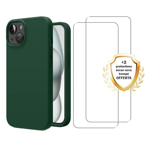 Coque Iphone 15 Silicone Liquide Verte + 2 Vitres En Verre Trempé Protection Écran Antichocs Evetane