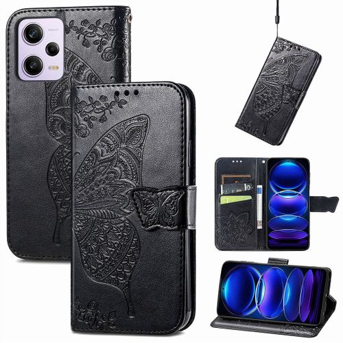Saturcase Coque Pour Xiaomi Redmi Note 12 Pro 5g, Papillon Fleurs Pu Cuir Magnétique Flip Portefeuille Support Porte-Carte Protecteur Housse Étui Avec Dragonne Pour Xiaomi Redmi Note 12 Pro 5g (Hf-Noir)