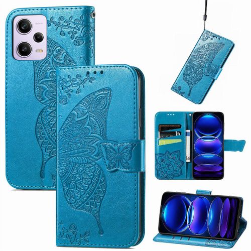 Saturcase Coque Pour Xiaomi Redmi Note 12 Pro 5g, Papillon Fleurs Pu Cuir Magnétique Flip Portefeuille Support Porte-Carte Protecteur Housse Étui Avec Dragonne Pour Xiaomi Redmi Note 12 Pro 5g (Hf-Bleu)