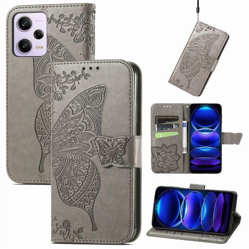 Saturcase Coque Pour Xiaomi Redmi Note 12 Pro 5g, Papillon Fleurs Pu Cuir Magnétique Flip Portefeuille Support Porte-Carte Protecteur Housse Étui Avec Dragonne Pour Xiaomi Redmi Note 12 Pro 5g (Hf-Gris)