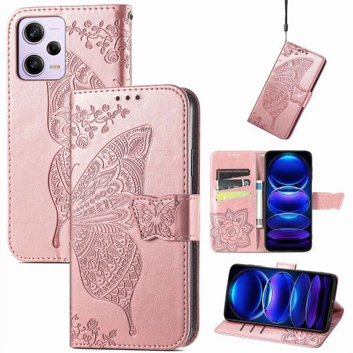 Saturcase Coque Pour Xiaomi Redmi Note 12 Pro 5g, Papillon Fleurs Pu Cuir Magnétique Flip Portefeuille Support Porte-Carte Protecteur Housse Étui Avec Dragonne Pour Xiaomi Redmi Note 12 Pro 5g (Hf-Or Rose)