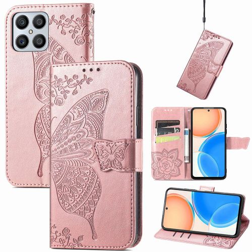 Saturcase Coque Pour Honor X8 2022, Papillon Fleurs Pu Cuir Magnétique Flip Portefeuille Support Porte-Carte Protecteur Housse Étui Avec Dragonne Pour Honor X8 2022 (Hf-Or Rose)