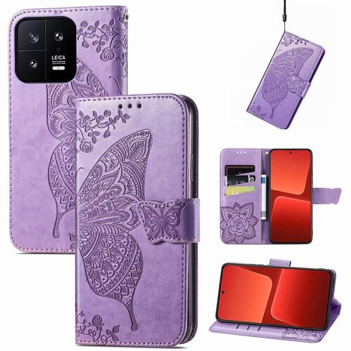 Saturcase Coque Pour Xiaomi 13, Papillon Fleurs Pu Cuir Magnétique Flip Portefeuille Support Porte-Carte Protecteur Housse Étui Avec Dragonne Pour Xiaomi 13 (Hf-Lavande)