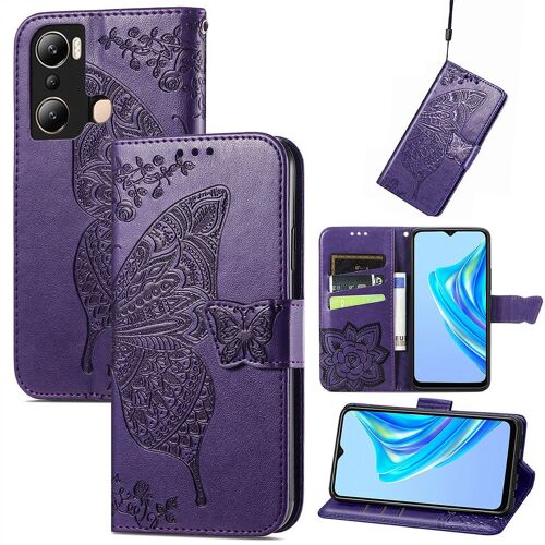Saturcase Coque Pour Infinix Hot 20i, Papillon Fleurs Pu Cuir Magnétique Flip Portefeuille Support Porte-Carte Protecteur Housse Étui Avec Dragonne Pour Infinix Hot 20i (Hf-Violet)