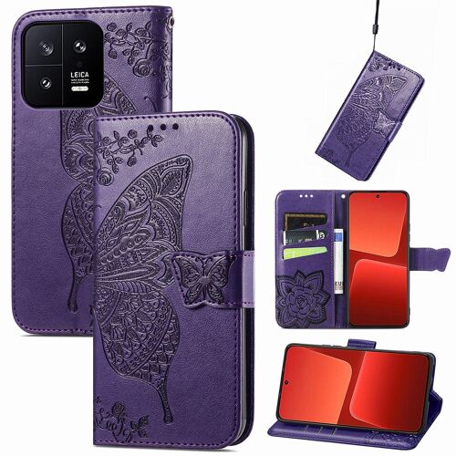 Saturcase Coque Pour Xiaomi 13, Papillon Fleurs Pu Cuir Magnétique Flip Portefeuille Support Porte-Carte Protecteur Housse Étui Avec Dragonne Pour Xiaomi 13 (Hf-Violet)