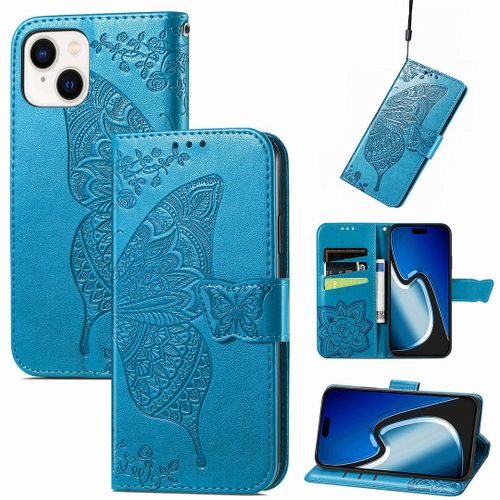 Saturcase Coque Pour Apple Iphone 15, Papillon Fleurs Pu Cuir Magnétique Flip Portefeuille Support Porte-Carte Protecteur Housse Étui Avec Dragonne Pour Apple Iphone 15 (Hf-Bleu)