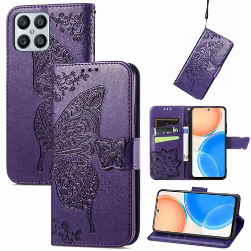 Saturcase Coque Pour Honor X8 2022, Papillon Fleurs Pu Cuir Magnétique Flip Portefeuille Support Porte-Carte Protecteur Housse Étui Avec Dragonne Pour Honor X8 2022 (Hf-Violet)