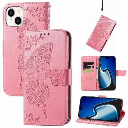 Saturcase Coque Pour Apple Iphone 15, Papillon Fleurs Pu Cuir Magnétique Flip Portefeuille Support Porte-Carte Protecteur Housse Étui Avec Dragonne Pour Apple Iphone 15 (Hf-Pink)