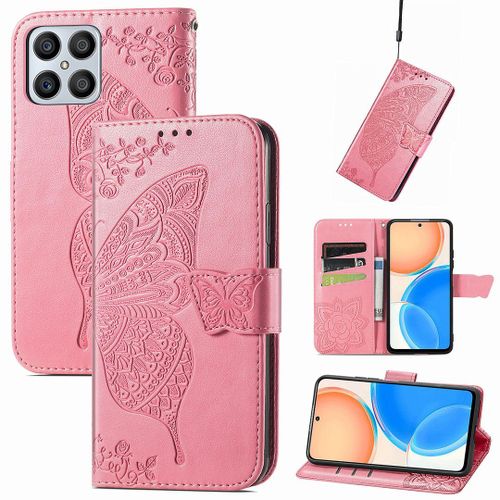 Saturcase Coque Pour Honor X8 2022, Papillon Fleurs Pu Cuir Magnétique Flip Portefeuille Support Porte-Carte Protecteur Housse Étui Avec Dragonne Pour Honor X8 2022 (Hf-Pink)