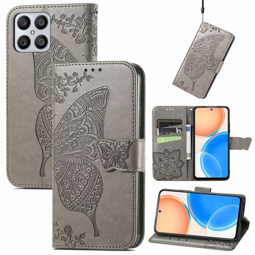 Saturcase Coque Pour Honor X8 2022, Papillon Fleurs Pu Cuir Magnétique Flip Portefeuille Support Porte-Carte Protecteur Housse Étui Avec Dragonne Pour Honor X8 2022 (Hf-Gris)